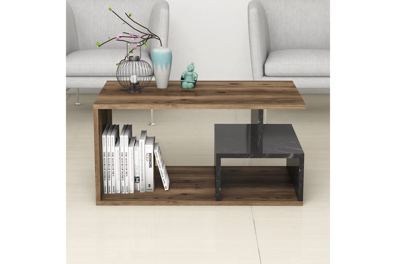 Garavelo Soffbord 90 cm med Förvaring Hyllor Marmormönster - Mörkbrun/Natur/Svart - Möbler - Bord & matgrupper - Soffbord