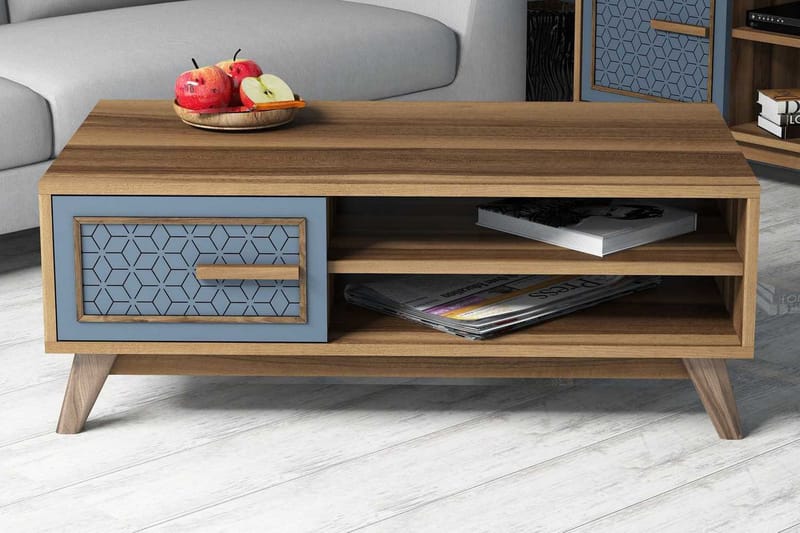Hovdane Soffbord 105 cm m Förvaring 2 Hyllor+Skåp Diamantmön - Brun/Blå - Möbler - Bord & matgrupper - Soffbord