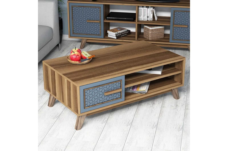 Hovdane Soffbord 105 cm m Förvaring 2 Hyllor+Skåp Diamantmön - Brun/Blå - Möbler - Bord & matgrupper - Soffbord