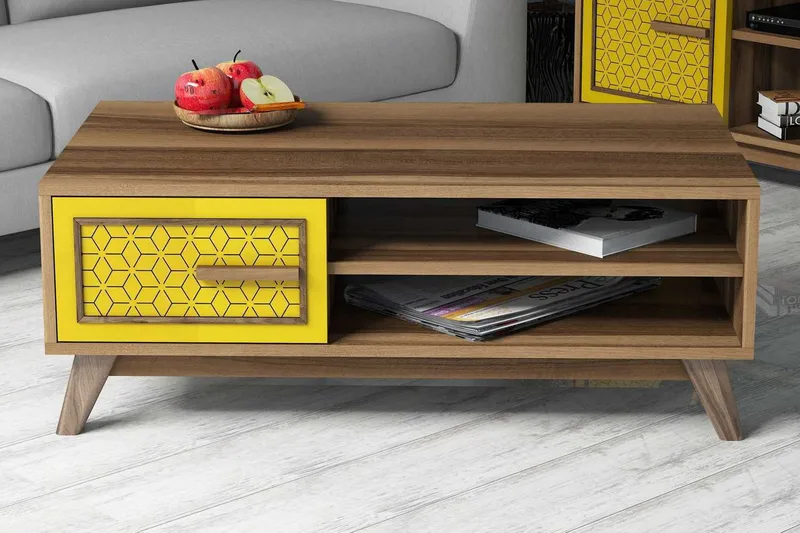 Hovdane Soffbord 105 cm m Förvaring 2 Hyllor+Skåp Diamantmön - Brun/Gul/Ek - Möbler - Bord & matgrupper - Soffbord