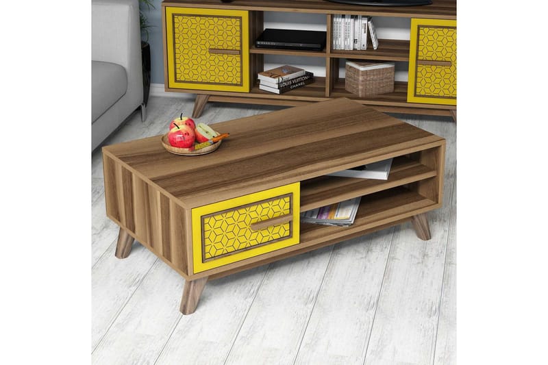 Hovdane Soffbord 105 cm m Förvaring 2 Hyllor+Skåp Diamantmön - Brun/Gul/Ek - Möbler - Bord & matgrupper - Soffbord