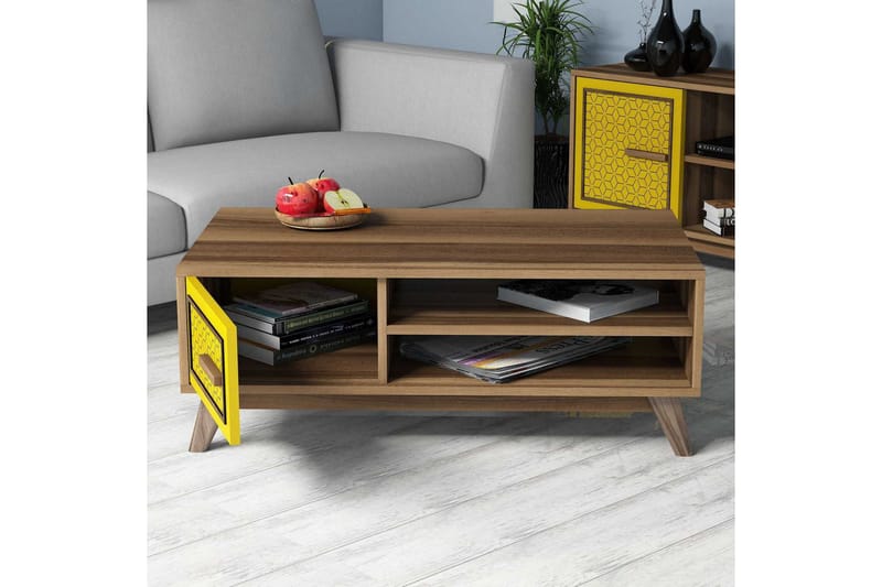 Hovdane Soffbord 105 cm m Förvaring 2 Hyllor+Skåp Diamantmön - Brun/Gul/Ek - Möbler - Bord & matgrupper - Soffbord