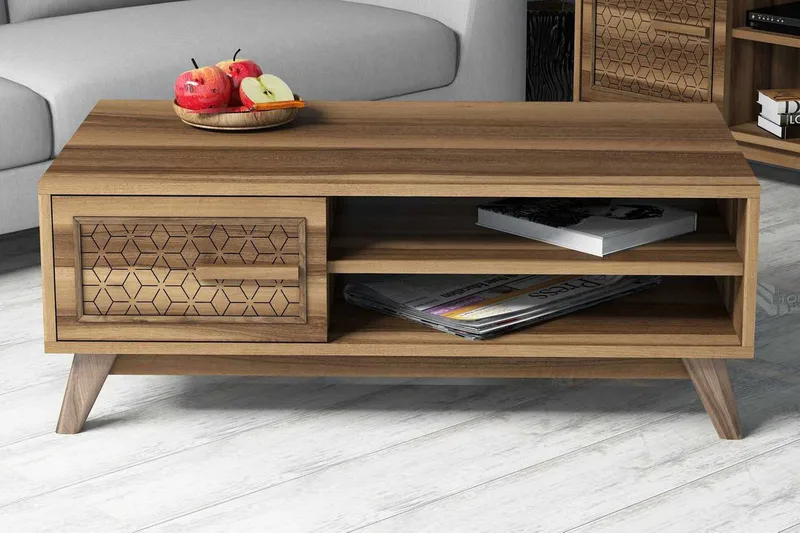 Hovdane Soffbord 105 cm m Förvaring 2 Hyllor+Skåp Diamantmön, Brun/Natur