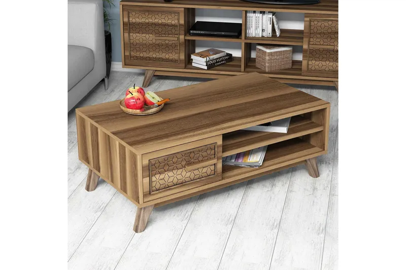 Hovdane Soffbord 105 cm m Förvaring 2 Hyllor+Skåp Diamantmön - Brun/Natur - Möbler - Bord & matgrupper - Soffbord