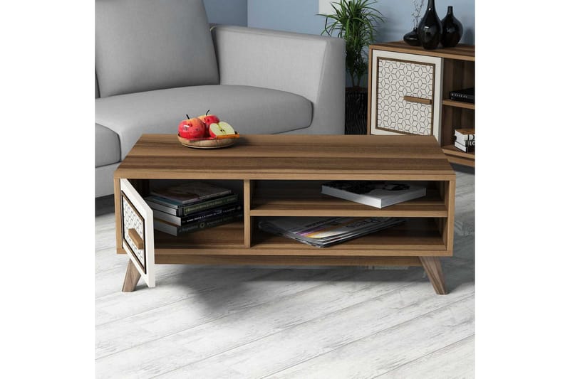 Hovdane Soffbord 105 cm m Förvaring 2 Hyllor+Skåp Diamantmön - Brun/Vit - Möbler - Bord & matgrupper - Soffbord