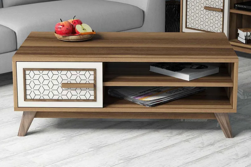 Hovdane Soffbord 105 cm m Förvaring 2 Hyllor+Skåp Diamantmön, Brun/Vit