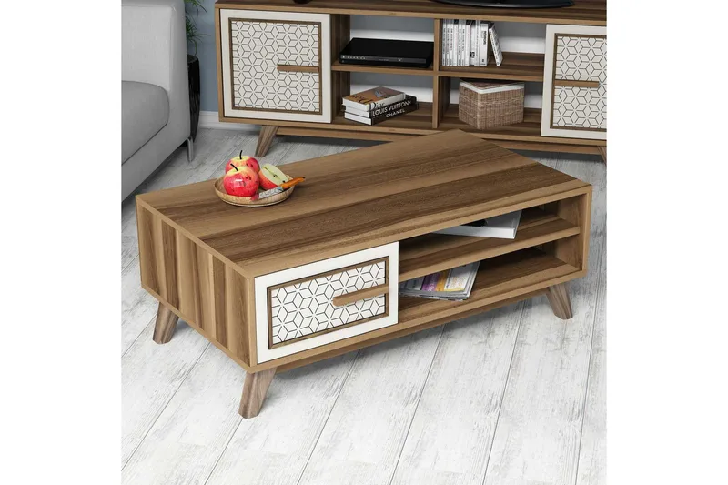 Hovdane Soffbord 105 cm m Förvaring 2 Hyllor+Skåp Diamantmön - Brun/Vit - Möbler - Bord & matgrupper - Soffbord