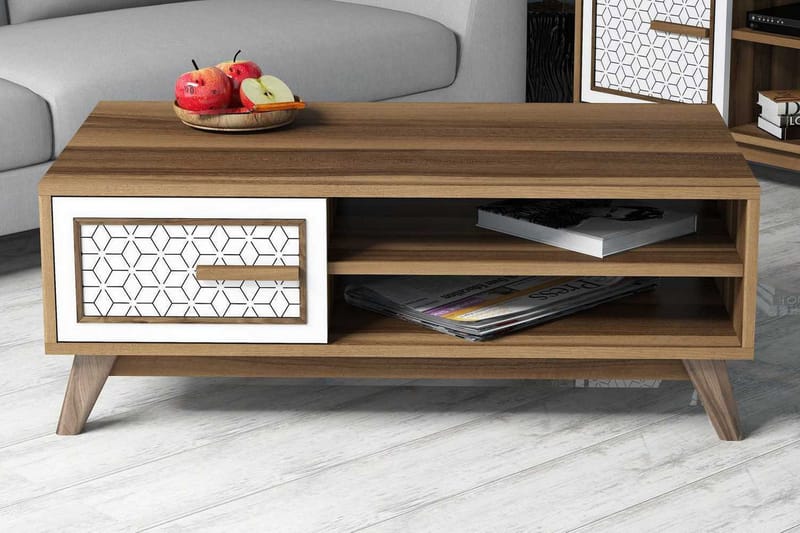 Hovdane Soffbord 105 cm m Förvaring 2 Hyllor+Skåp Diamantmön - Ek/Vit/Brun - Möbler - Bord & matgrupper - Soffbord