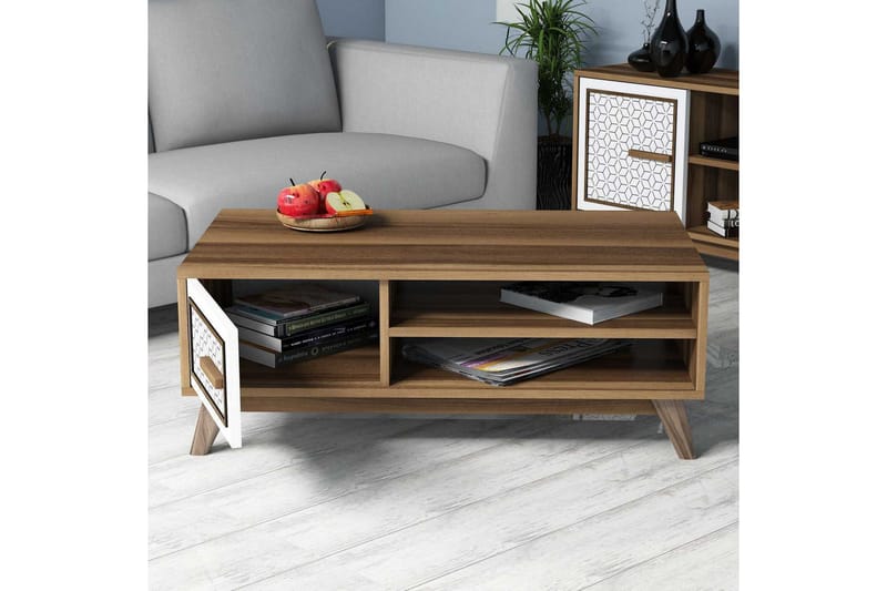 Hovdane Soffbord 105 cm m Förvaring 2 Hyllor+Skåp Diamantmön - Ek/Vit/Brun - Möbler - Bord & matgrupper - Soffbord