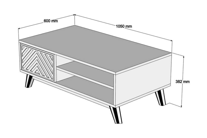 Hovdane Soffbord 105 cm med Förvaring 2 Hyllor + Skåp Linjer - Brun/Vit/Ek - Soffbord