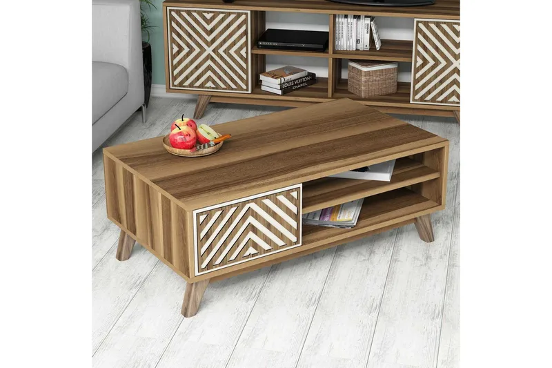 Hovdane Soffbord 105 cm med Förvaring 2 Hyllor + Skåp Linjer - Brun/Vit/Ek - Möbler - Bord & matgrupper - Soffbord