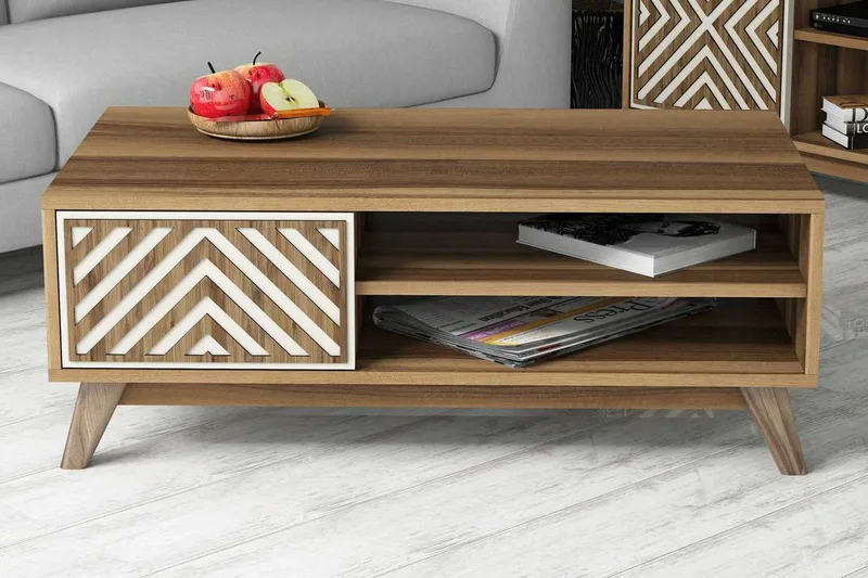 Hovdane Soffbord 105 cm med Förvaring 2 Hyllor + Skåp Linjer - Brun/Vit/Ek - Möbler - Bord & matgrupper - Soffbord