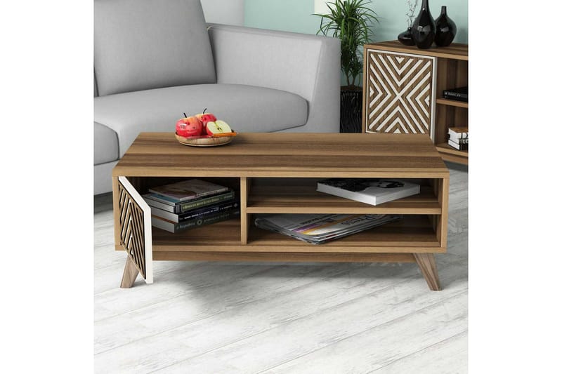 Hovdane Soffbord 105 cm med Förvaring 2 Hyllor + Skåp Linjer - Brun/Vit/Ek - Möbler - Bord & matgrupper - Soffbord