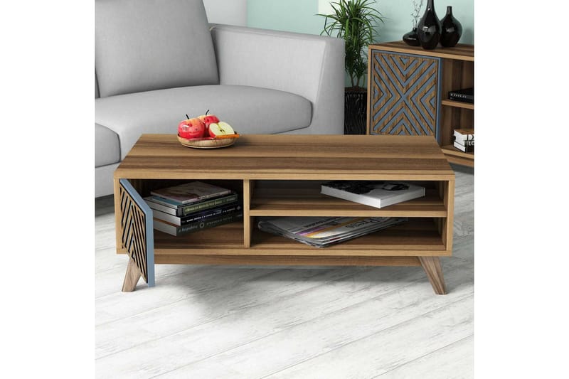 Hovdane Soffbord 105 cm med Förvaring 2 Hyllor Linjer + Skåp - Blå/Brun - Möbler - Bord & matgrupper - Soffbord