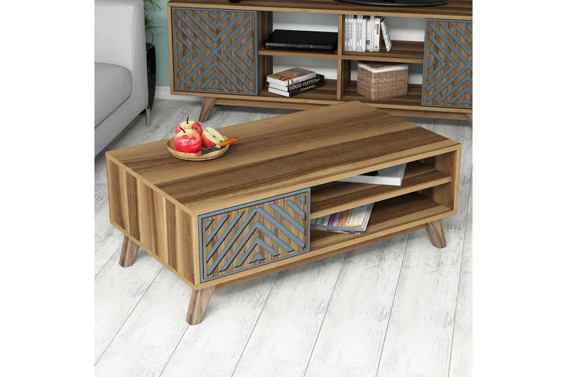 Hovdane Soffbord 105 cm med Förvaring 2 Hyllor Linjer + Skåp - Blå/Brun - Möbler - Bord & matgrupper - Soffbord