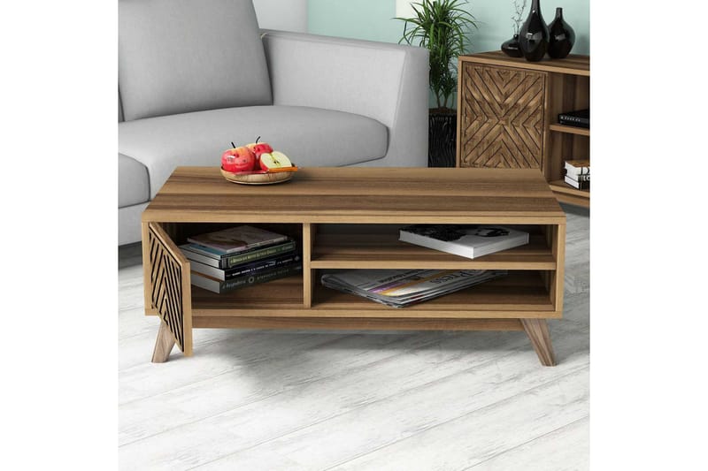 Hovdane Soffbord 105 cm med Förvaring 2 Hyllor Linjer + Skåp - Brun - Möbler - Bord & matgrupper - Soffbord