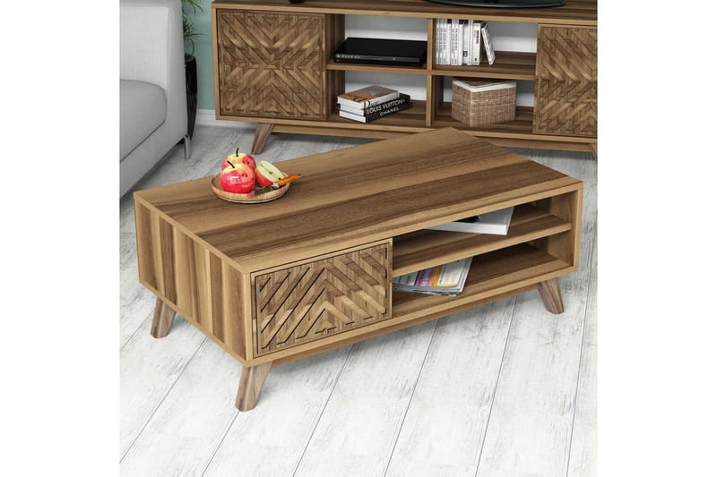 Hovdane Soffbord 105 cm med Förvaring 2 Hyllor Linjer + Skåp - Brun - Möbler - Bord & matgrupper - Soffbord