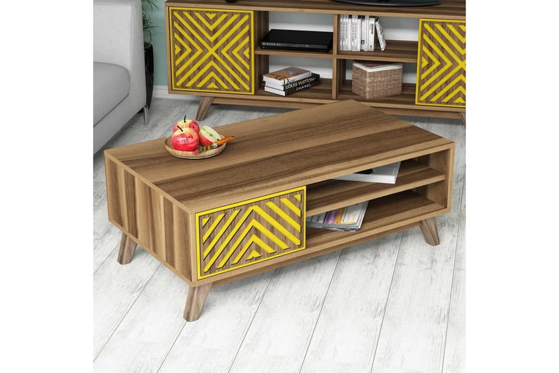 Hovdane Soffbord 105 cm med Förvaring 2 Hyllor Linjer + Skåp - Brun/Gul - Möbler - Bord & matgrupper - Soffbord