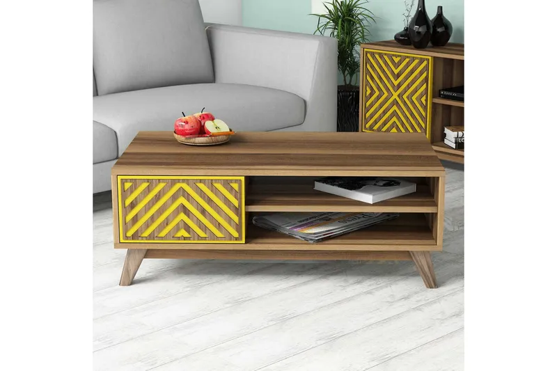 Hovdane Soffbord 105 cm med Förvaring 2 Hyllor Linjer + Skåp - Brun/Gul - Möbler - Bord & matgrupper - Soffbord
