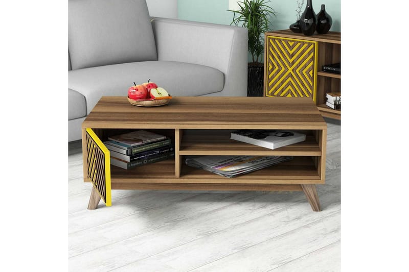 Hovdane Soffbord 105 cm med Förvaring 2 Hyllor Linjer + Skåp - Brun/Gul - Möbler - Bord & matgrupper - Soffbord