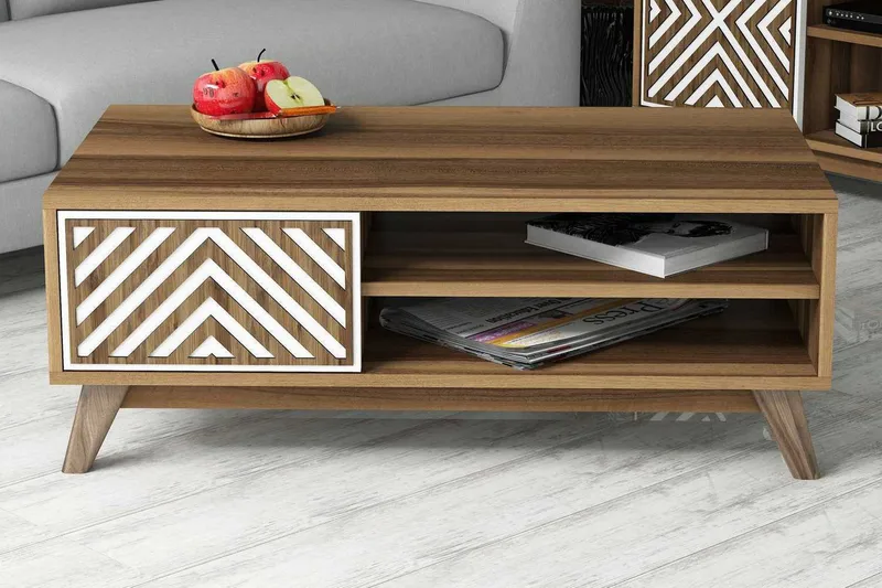 Hovdane Soffbord 105 cm med Förvaring 2 Hyllor Linjer + Skåp - Vit/Brun - Möbler - Bord & matgrupper - Soffbord