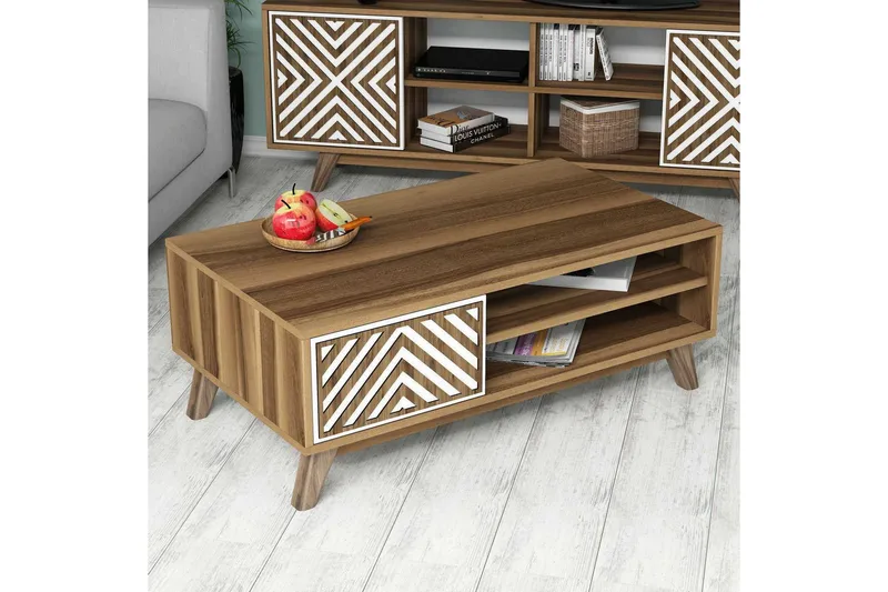 Hovdane Soffbord 105 cm med Förvaring 2 Hyllor Linjer + Skåp - Vit/Brun - Möbler - Bord & matgrupper - Soffbord