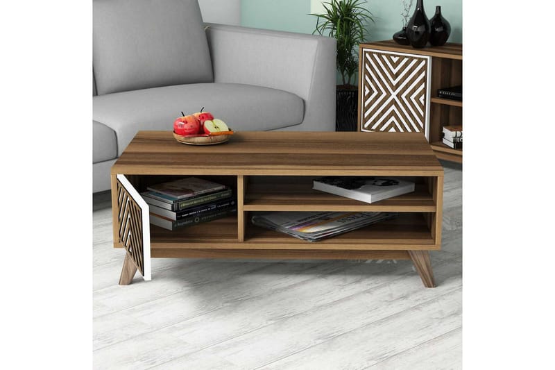Hovdane Soffbord 105 cm med Förvaring 2 Hyllor Linjer + Skåp - Vit/Brun - Möbler - Bord & matgrupper - Soffbord