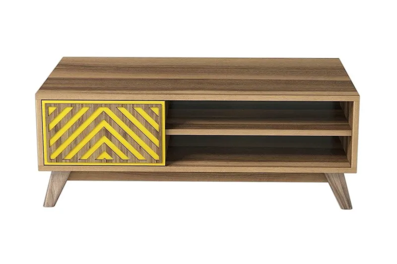 Hovdane Soffbord 105 cm med Förvaring 2 Hyllor Linjer + Skåp, Brun/Gul