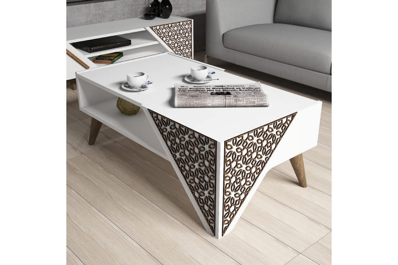 Hovdane Soffbord 105 cm med Förvaring Hylla Blommönster - Vit/Brun - Möbler - Bord & matgrupper - Soffbord