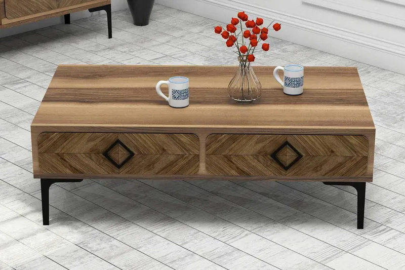 Hovdane Soffbord 105 cm med Förvaring Hylla Fiskbensmönster, Brun