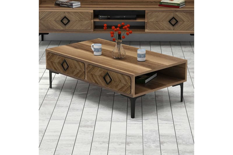 Hovdane Soffbord 105 cm med Förvaring Hylla Fiskbensmönster - Brun - Möbler - Bord & matgrupper - Soffbord