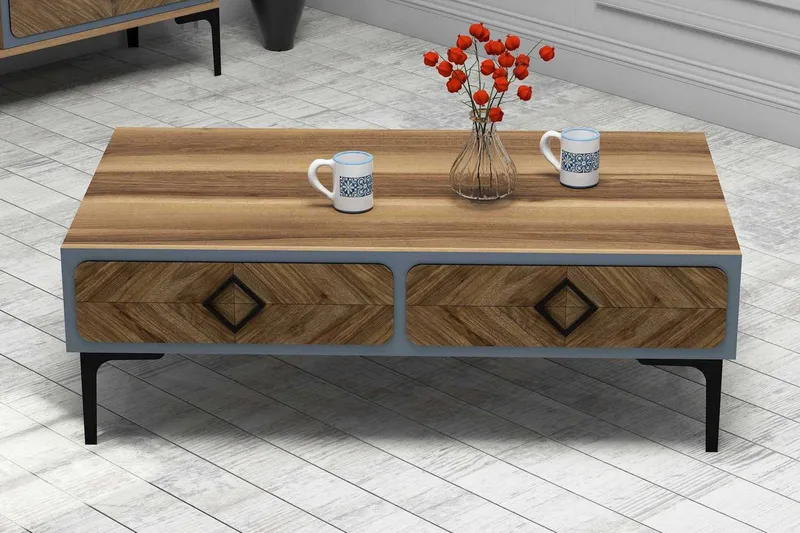 Hovdane Soffbord 105 cm med Förvaring Hylla Fiskbensmönster, Brun/Blå