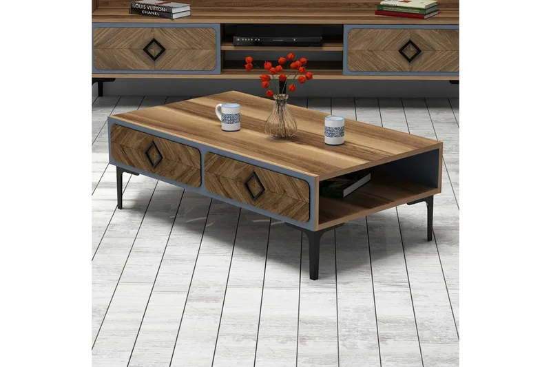 Hovdane Soffbord 105 cm med Förvaring Hylla Fiskbensmönster - Brun/Blå - Möbler - Bord & matgrupper - Soffbord