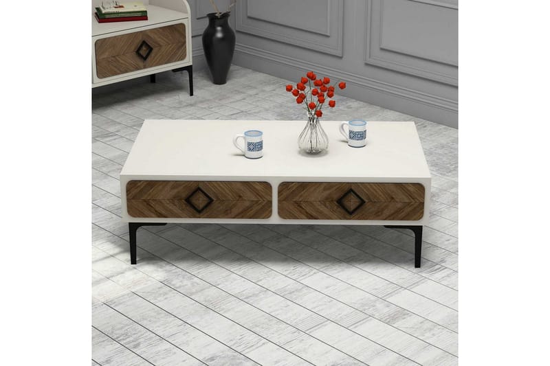 Hovdane Soffbord 105 cm med Förvaring Hylla Fiskbensmönster - Vit/Brun - Möbler - Bord & matgrupper - Soffbord