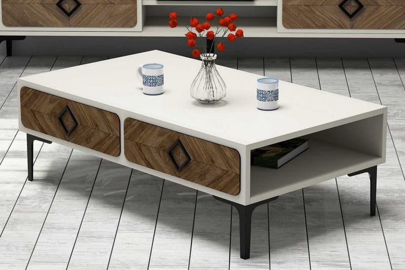 Hovdane Soffbord 105 cm med Förvaring Hylla Fiskbensmönster - Vit/Brun - Möbler - Bord & matgrupper - Soffbord