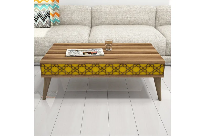 Hovdane Soffbord 105 cm med Förvaring Hylla Kedjemönster - Valnötsbrun/Gul - Möbler - Bord & matgrupper - Soffbord
