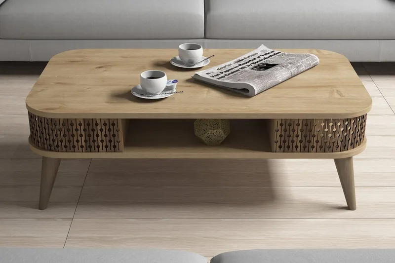 Hovdane Soffbord 105 cm med Förvaring Hylla Runda Hörn - Ljusbrun - Möbler - Bord & matgrupper - Soffbord