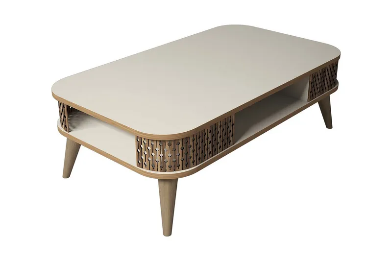 Hovdane Soffbord 105 cm med Förvaring Hylla Runda Hörn, Vit/Brun/Ek