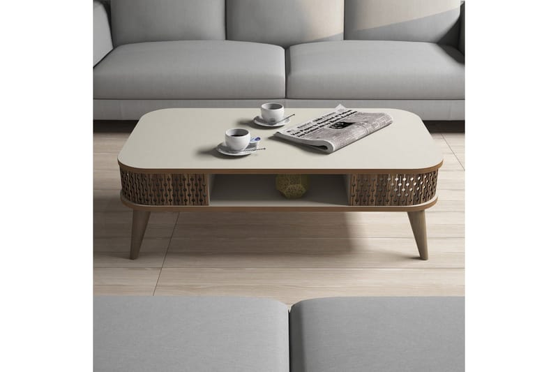 Hovdane Soffbord 105 cm med Förvaring Hylla Runda Hörn - Vit/Brun/Ek - Möbler - Bord & matgrupper - Soffbord