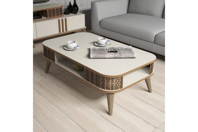 Hovdane Soffbord 105 cm med Förvaring Hylla Runda Hörn - Vit/Brun/Ek - Möbler - Bord & matgrupper - Soffbord