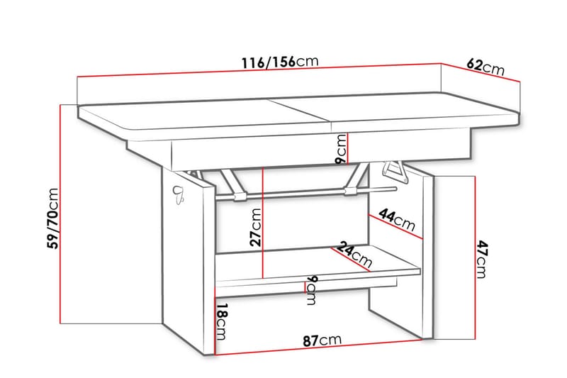 Kanej Soffbord 116 cm Höj- och Sänkbar med Förvaring Hylla - Vit - Soffbord