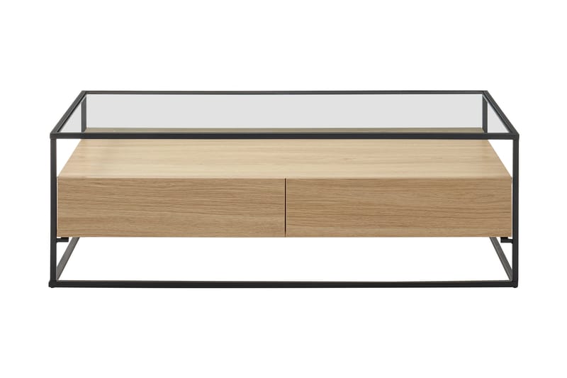 Karysma Soffbord 120 cm med Förvaring 2 Lådor + Hylla - Glas/Ekdekor/Svart - Soffbord