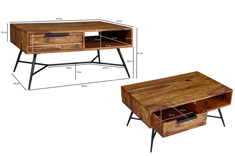 Kimbal Soffbord 87 cm med Förvaring Låda + Hylla - Massivt Trä/Svart - Soffbord