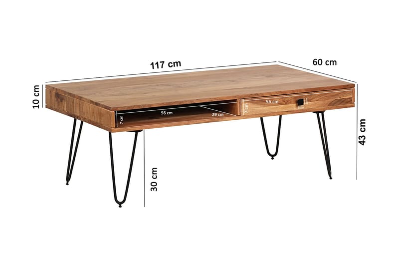 Langner Soffbord 60 cm med Förvaring 2 Lådor + Hyllor - Akacia/Svart - Möbler - Bord & matgrupper - Soffbord
