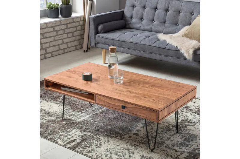 Langner Soffbord 60 cm med Förvaring 2 Lådor + Hyllor - Akacia/Svart - Möbler - Bord & matgrupper - Soffbord - Soffbord med förvaring