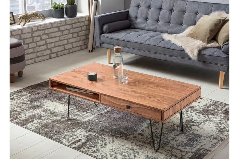 Langner Soffbord 60 cm med Förvaring 2 Lådor + Hyllor - Akacia/Svart - Möbler - Bord & matgrupper - Soffbord - Soffbord med förvaring