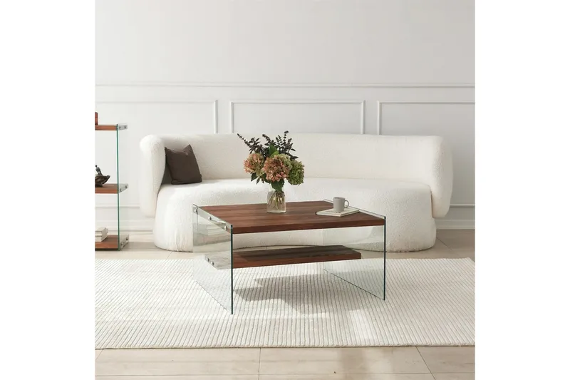 Lepinas 75 cm Kvadratiskt Soffbord med Glassidor och Hylla i Ljust Trä - Brun - Möbler - Bord & matgrupper - Soffbord