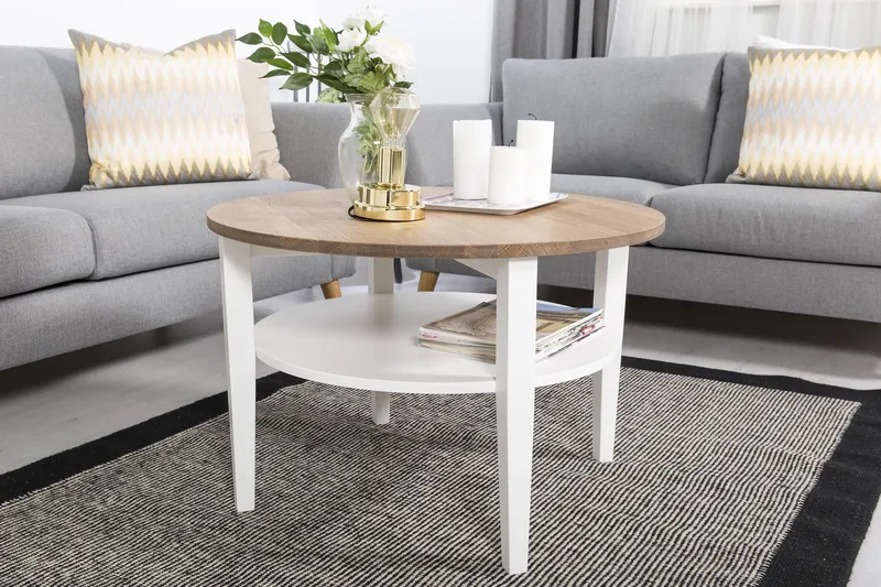 Mantorp Soffbord 80 cm Runt med Förvaring Hylla - Massiv Ek/Vit - Möbler - Bord & matgrupper - Soffbord - Soffbord med förvaring
