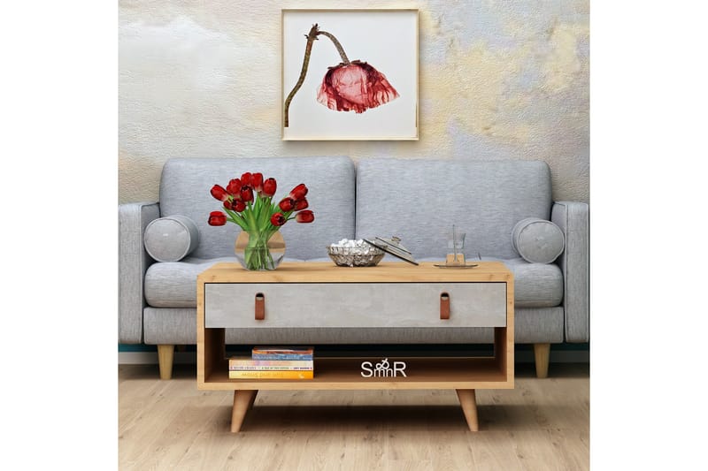 Mod Design Soffbord 80 cm med Förvaring Låda + Hylla Läderbe - Grå/Trä - Möbler - Bord & matgrupper - Soffbord