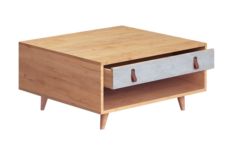 Mod Design Soffbord 80 cm med Förvaring Låda + Hylla Läderbe - Grå/Trä - Soffbord